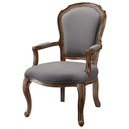 Providence Wood Accent Chair W/ Grey Linen And Nailhead Trim